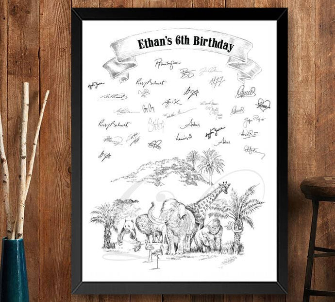 Zoo Themed Birthday Party Guestbook Print, Guest Book, Bridal Shower, Birthday, Custom, Alternative, Jungle Animals (8 x 10 - 24 x 36)