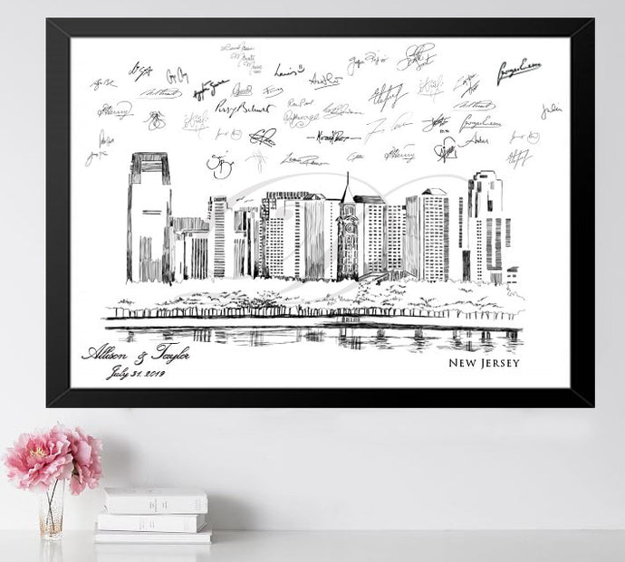 New Jersey Skyline Wedding Guest Book Alternative: Personalized NJ Guestbook Print