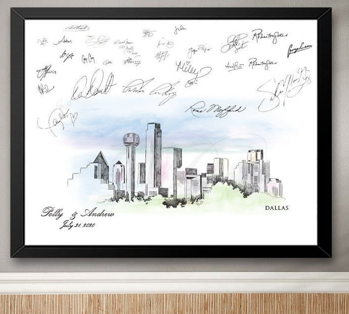 Dallas Watercolor Skyline Guestbook Print: Custom Wedding Sign