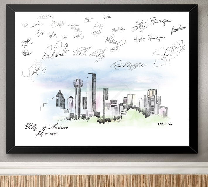 Dallas Watercolor Skyline Guestbook Print: Custom Wedding Sign