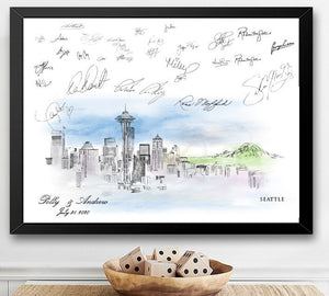 Seattle Watercolor Skyline Guestbook Print: Custom Wedding Sign
