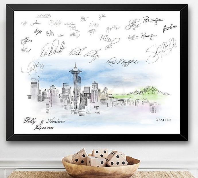 Seattle Watercolor Skyline Guestbook Print: Custom Wedding Sign