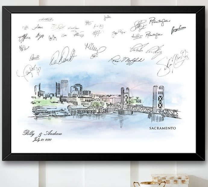 Sacramento Watercolor Skyline Guestbook Print: Custom Wedding Sign