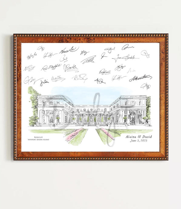 Rosecliff Manor Guestbook Print, Rhode Island Guest Book, Venue Painting, Wedding Sign-In, Custom, Guest Book Alternative,  FREE PEN