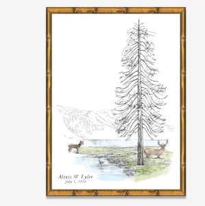 Watercolor Pine Tree Wedding Guestbook: Deer, Buck & Ducks