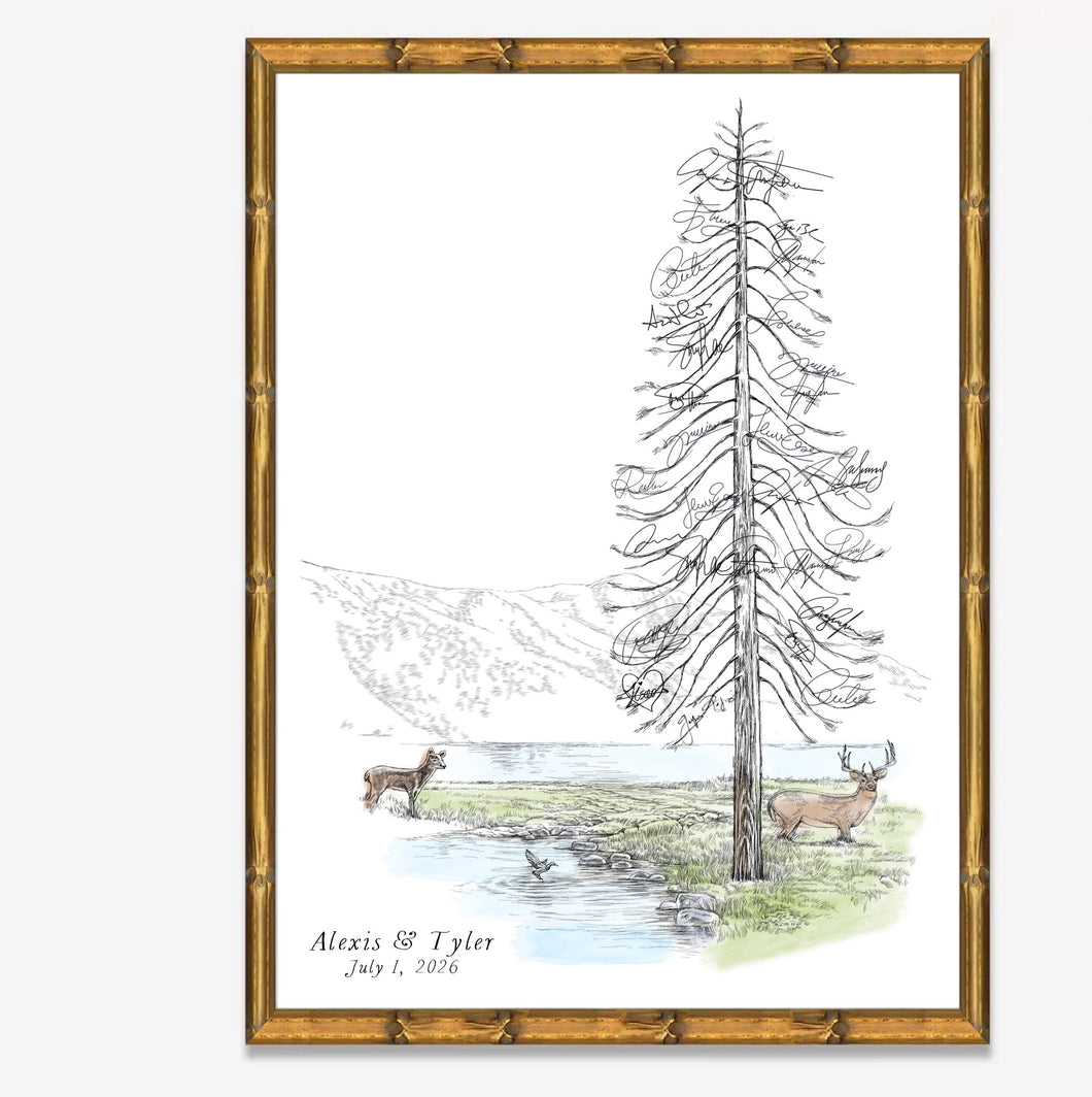 Watercolor Pine Tree Wedding Guestbook: Deer, Buck & Ducks