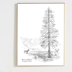 Pine Tree Wedding Guestbook: Deer, Buck & Ducks Signature Print