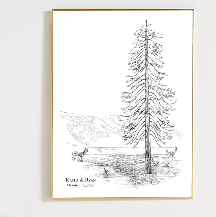 Pine Tree Wedding Guestbook: Deer, Buck & Ducks Signature Print