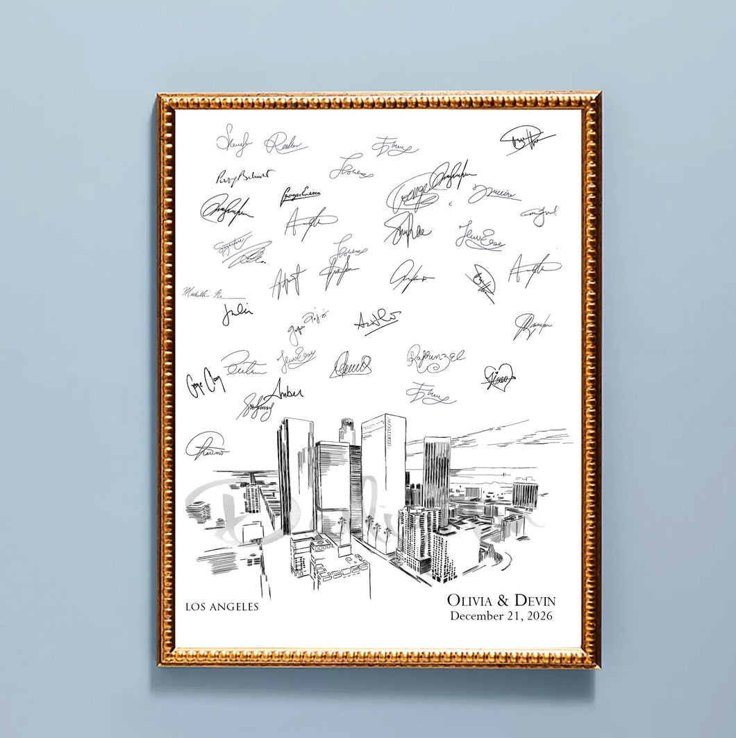 Wedding Guestbook Los Angeles Guest Book LA Wedding Custom Guestbook Alternative Skyline Palm Trees, Retirement Gift