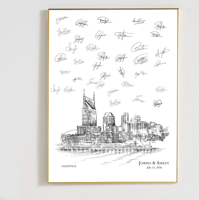 Nashville Skyline Wedding Guest Book Alternative: Personalized Water View Print