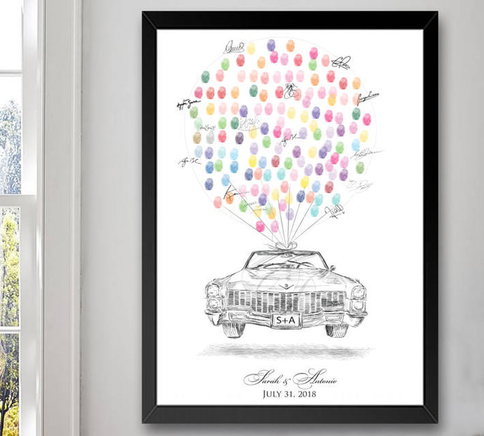 Vintage Cadillac Thumbprint Guestbook Print, Fingerprint Guest Book, Wedding, Bridal Shower, Family Reunion, Alternative (8 x 10- 24 x 36) - Darlington Guestbooks