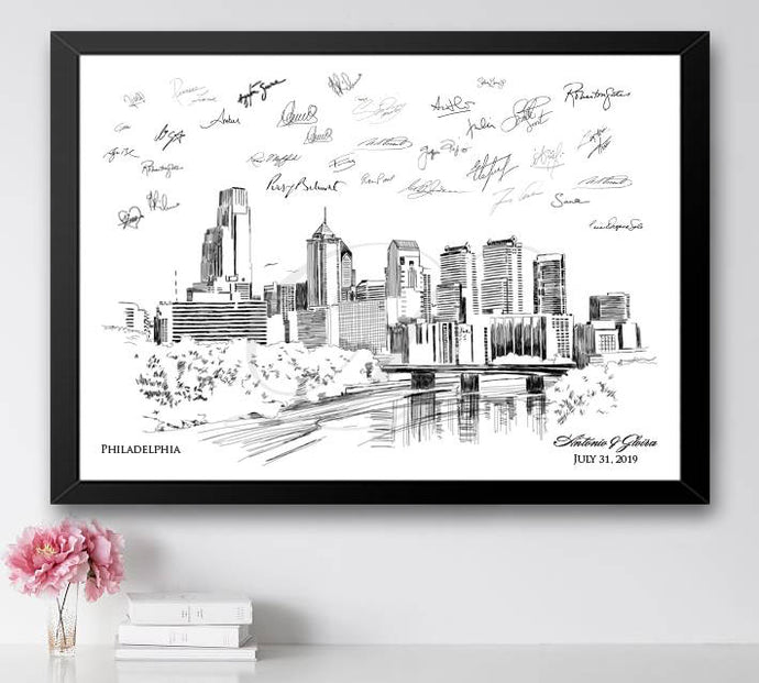 Philadelphia Skyline Guestbook Print, Guest Book, Bridal Shower, Wedding, Custom, Alternative Guest Book, Wedding Sign-in (8 x 10 - 24 x 36) - Darlington Guestbooks