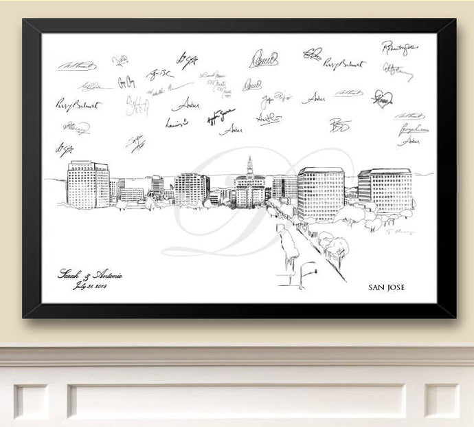 San Jose Skyline Guestbook Print, Guest Book, Bridal Shower, California Wedding, Custom, Alternative Guest Book, Sign In (8 x 10 - 24 x 36) - Darlington Guestbooks