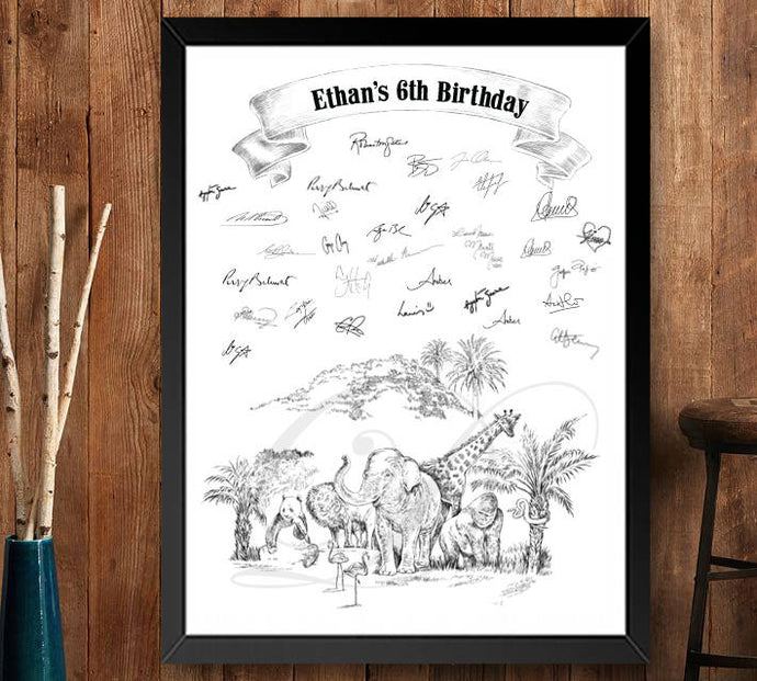 Zoo Themed Birthday Party Guestbook Print, Guest Book, Bridal Shower, Birthday, Custom, Alternative, Jungle Animals (8 x 10 - 24 x 36) - Darlington Guestbooks