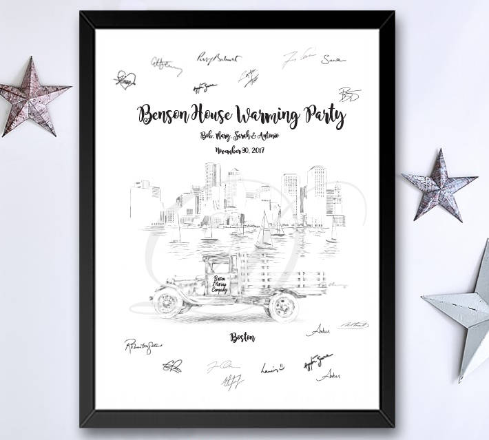 House Warming City Skyline and Moving Truck Guestbook Print, Guest Book, Bridal Shower, Birthday, Custom, Alternative, (8 x 10 - 24 x 36) - Darlington Guestbooks