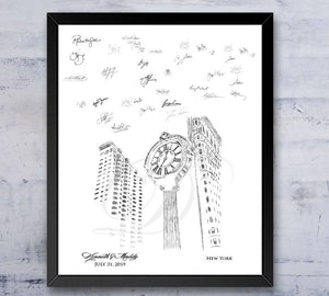 NYC 5th Ave Clock Skyline Guestbook Print, New York, Guest Book, Bridal Shower, Wedding, Custom, Alternative, Baby Shower, Family Reunion - Darlington Guestbooks