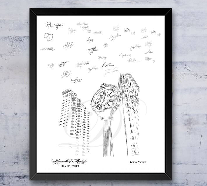 NYC 5th Ave Clock Skyline Guestbook Print, New York, Guest Book, Bridal Shower, Wedding, Custom, Alternative, Baby Shower, Family Reunion - Darlington Guestbooks