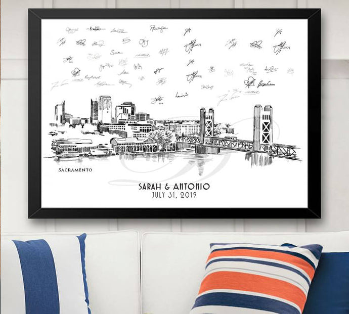 Sacramento Skyline Guestbook Print, Guest Book, Bridal Shower, Wedding, Custom, Alternative, Baby Shower, Family Reunion FREE PEN - Darlington Guestbooks