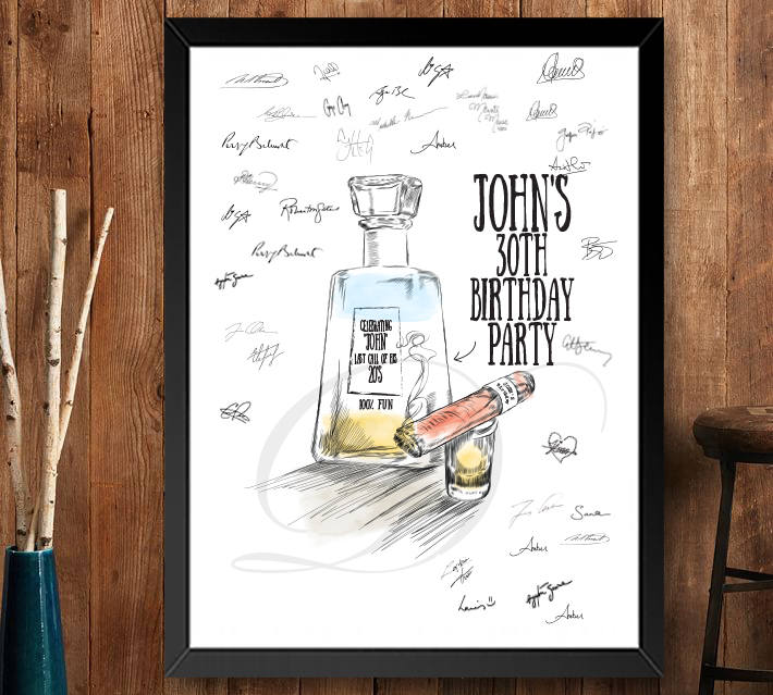 Tequila & Cigar Birthday Party Guestbook Print, Guest Book, Bridal Shower, Birthday, Custom, Alternative, 30th Birthday (8 x 10 - 24 x 36) - Darlington Guestbooks