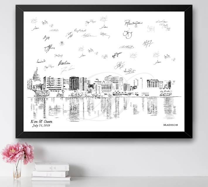 Madison Skyline Guestbook Print, Wisconsin, Guest Book, Birthday Party, Housewarming, Wedding, Custom, Alternative, Baby Shower, Family Reunion FREE PEN - Darlington Guestbooks