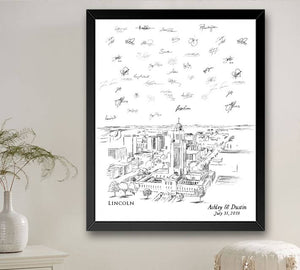 Lincoln Skyline Guestbook Print, Nebraska, Guest Book, Birthday Party, Reunion, Housewarming, Wedding, Custom, Alternative, Family Reunion FREE PEN - Darlington Guestbooks