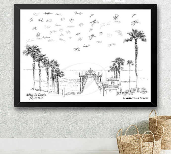 Manhattan Beach Skyline Guestbook Print, LA Guest Book, Birthday Party, Housewarming, Wedding, Custom, Alternative, Baby Shower, Family Reunion FREE PEN - Darlington Guestbooks