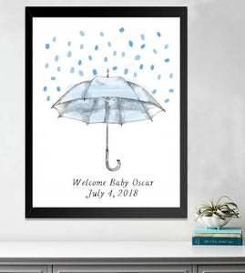 Baby Shower Umbrella Boy Thumbprint Rain Drop Guest Book Alternative, Blue, Hand Drawn, Fingerprint Guestbook, Baby Shower for Boy,