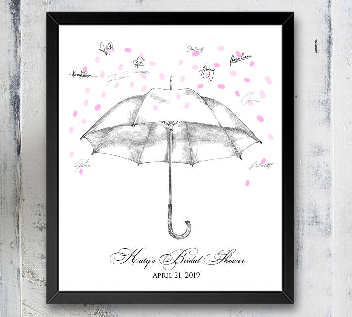 Bridal Shower Umbrella Thumbprint Guest Book Alternative, Hand Drawn, Fingerprint Guestbook, Bridal Party Sign in, Baby Shower, FREE PEN