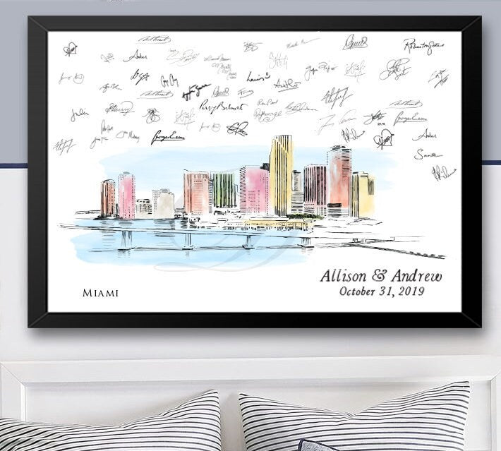 Miami Skyline Watercolor Wedding Guest Book Alternative Print, FL Skyline, Wedding Guestbook, Bridal Shower, Guestbook, Family Reunion