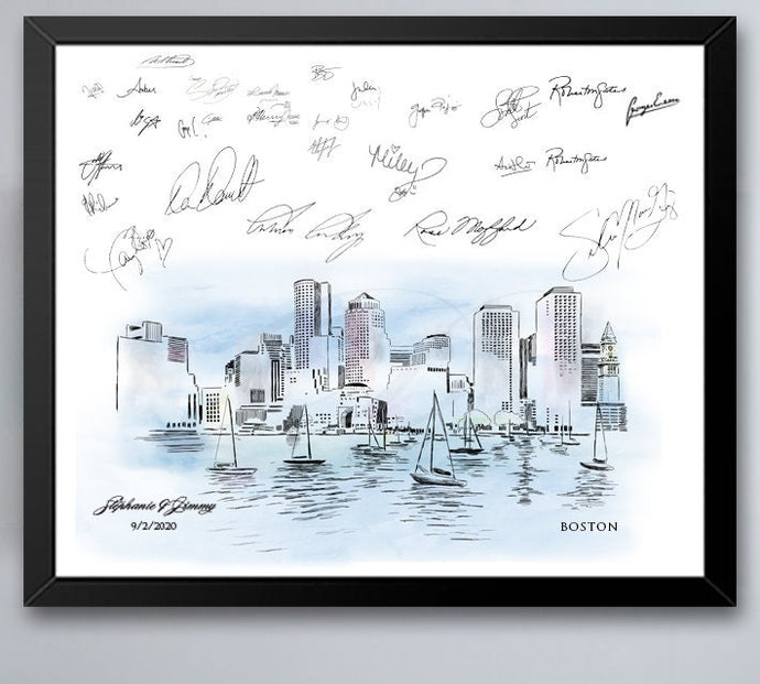 Boston Watercolor Skyline Guestbook Print, Guest Book, Boston MA, Bridal Shower, Wedding, Custom, Alternative Guest Book, Sign in