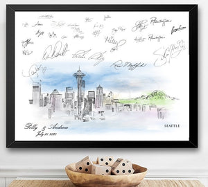 Seattle Watercolor Skyline Guestbook Print, Guest Book, Seattle, WA, Bridal Shower, Wedding, Custom, Alternative Guest Book, Sign in